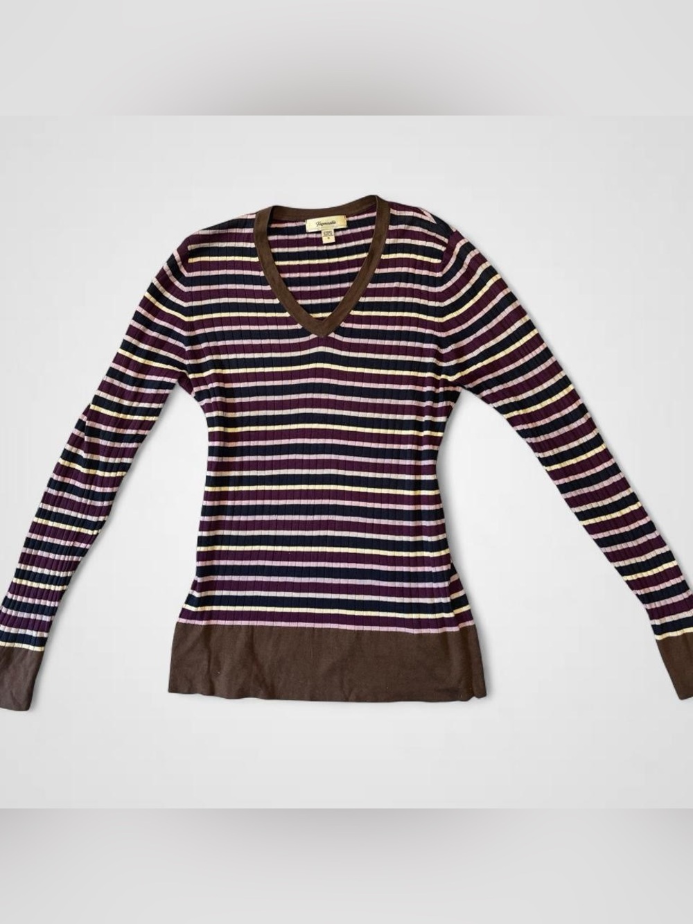 Falconnable Striped V-Neck Sweater in Purple, Brown and Cream